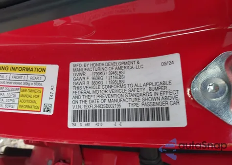 2025 Honda Civic Sedan Sport z USA, uszkodzony, nr VIN 19XFL2H83SE002195